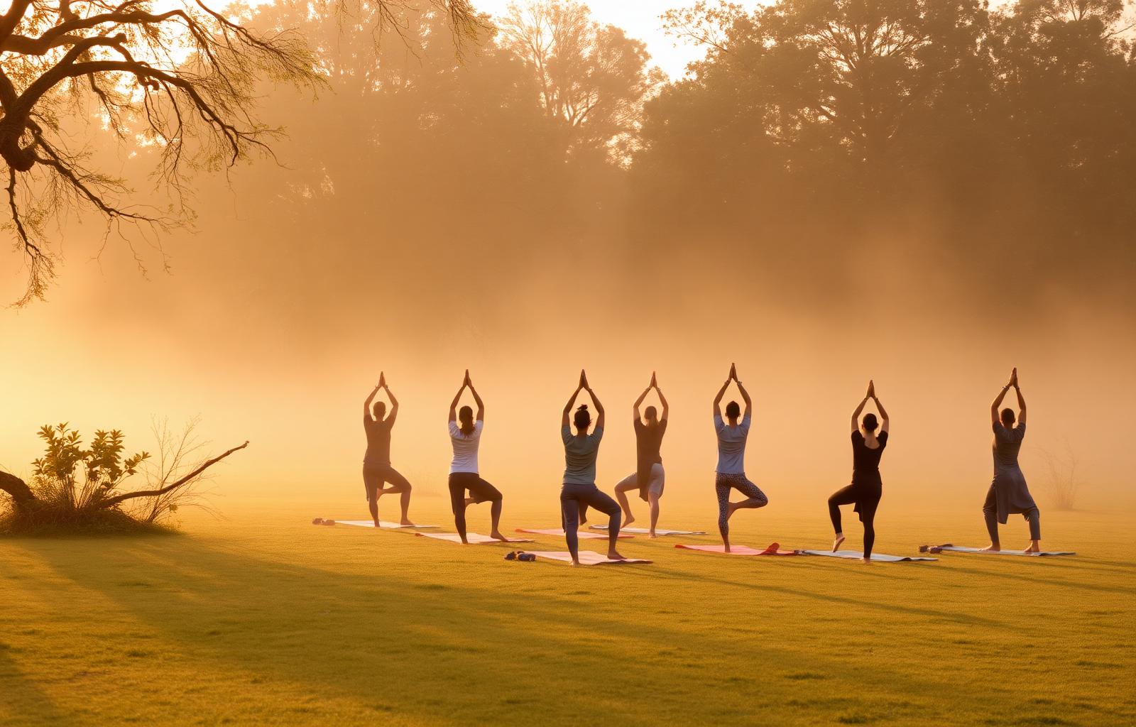 Outdoor sunrise yoga session in Ahmedabad